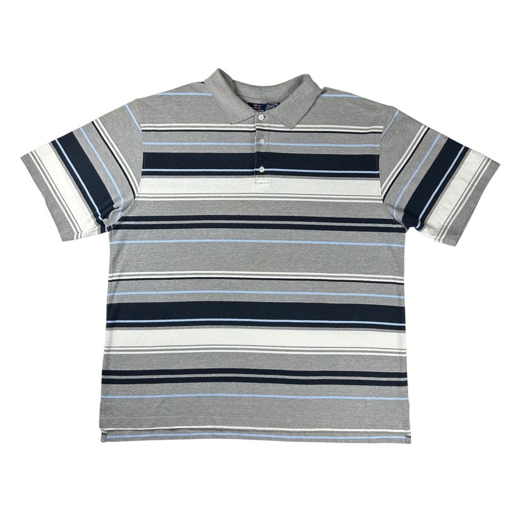 Bugle Boy Mens XXL Polo Shirt Grey Navy Blue White Striped Short Sleeve Pique